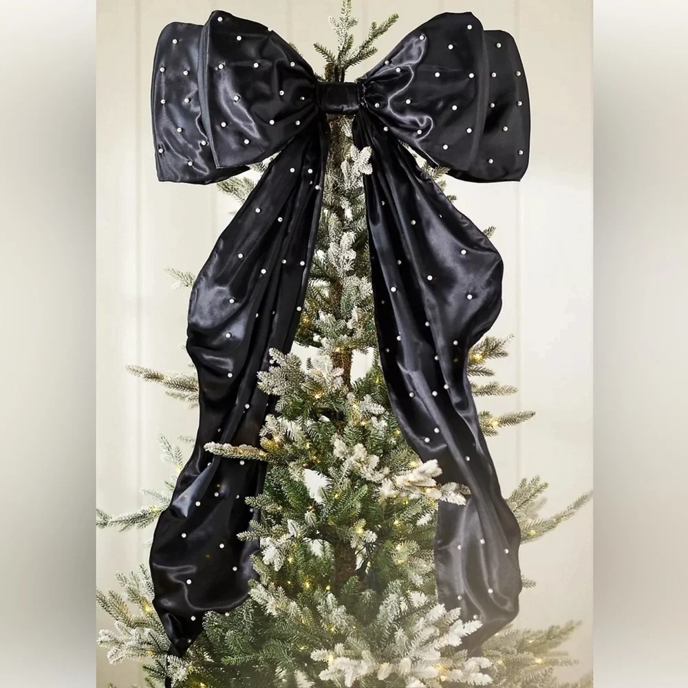 Anthropologie BLACK Pearled Satin Bow Tree Topper